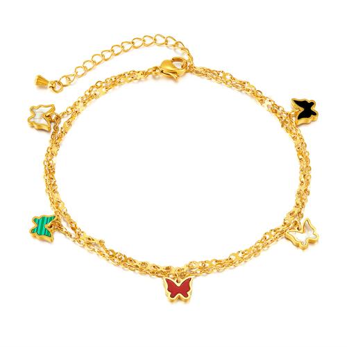 Stainless Steel Anklets Jewelry, 304 Stainless Steel, with Pearl Oyster & Malachite, for woman & enamel, golden 