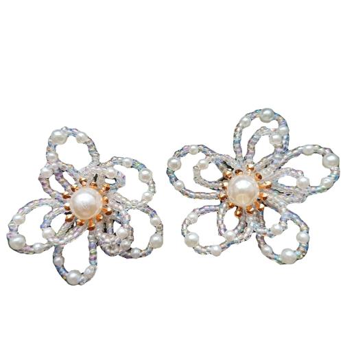 Plástico arito, Perlas plásticas, con Cristal, Flor, Joyería & diferentes estilos para la opción & para mujer, Blanco, 60mm, Vendido por Par