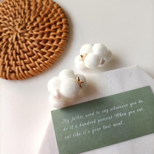 Fluffy Pom Pom Earrings, Plush, with Plastic Pearl & Zinc Alloy, Cloud, fashion jewelry & for woman, white, 30mm 