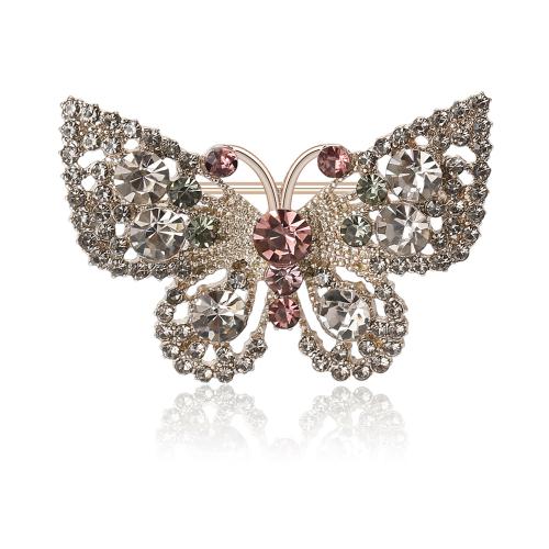 Broche de diamantes de imitación de la aleación de Zinc, Mariposa, chapado en color dorado, para mujer & con diamantes de imitación, 39x46mm, Vendido por UD