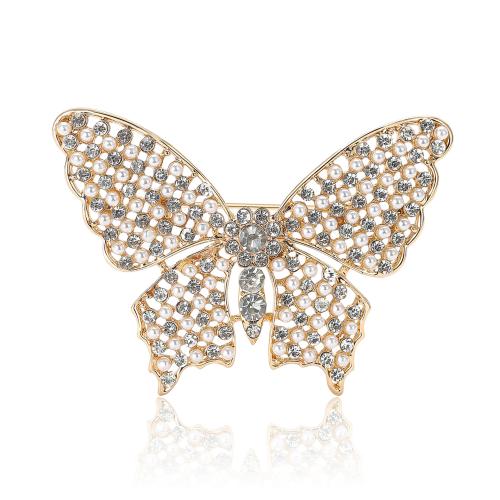 Rhinestone Zinc Alloy Brooch, with Plastic Pearl, Butterfly, plated, for woman & with rhinestone 