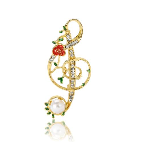 Rhinestone Zinc Alloy Brooch, with Plastic Pearl, Music Note, plated, for woman & enamel & with rhinestone 