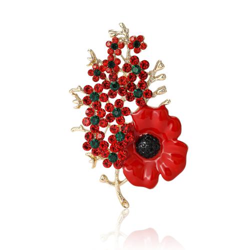 Rhinestone Zinc Alloy Brooch, Flower, plated, for woman & enamel & with rhinestone, red 