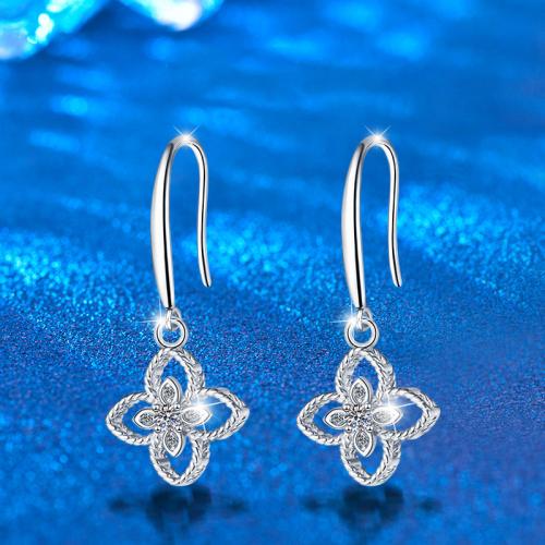 Argent sterling 925 Boucle d'oreille goutte, avec Moissanite, Trèfle à quatre feuilles, bijoux de mode & pour femme & creux Vendu par paire