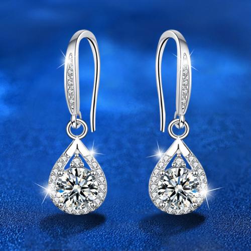 Argent sterling 925 Boucle d'oreille goutte, avec Moissanite, larme, Plaqué de platine, bijoux de mode & styles différents pour le choix & pour femme Vendu par paire