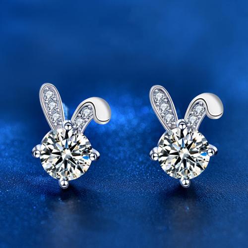 Argent sterling 925 boucle d oreille dormeuse, avec Moissanite, lapin, Plaqué de platine, bijoux de mode & pour femme, 10mm, Vendu par paire[