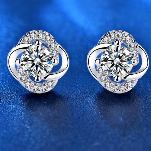 Argent sterling 925 boucle d oreille dormeuse, avec Moissanite, Trèfle à quatre feuilles, Plaqué de platine, bijoux de mode & pour femme, plus de couleurs à choisir, 9mm, Vendu par paire[