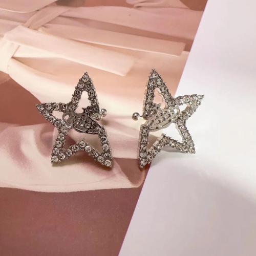 Brass Earring Clip, Star, fashion jewelry & for woman & with rhinestone & hollow, silver color [