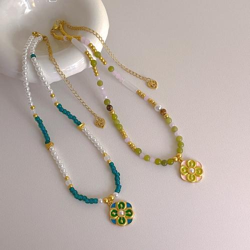 Brass Jewelry Necklace, with Seedbead & Agate & Resin, Flower, gold color plated & for woman & enamel cm 