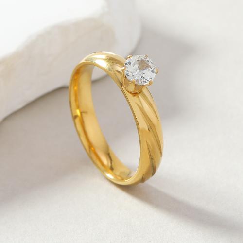 Rhinestone Stainless Steel Finger Ring, 304 Stainless Steel, gold color plated, for woman & with rhinestone, inner ~20mm 