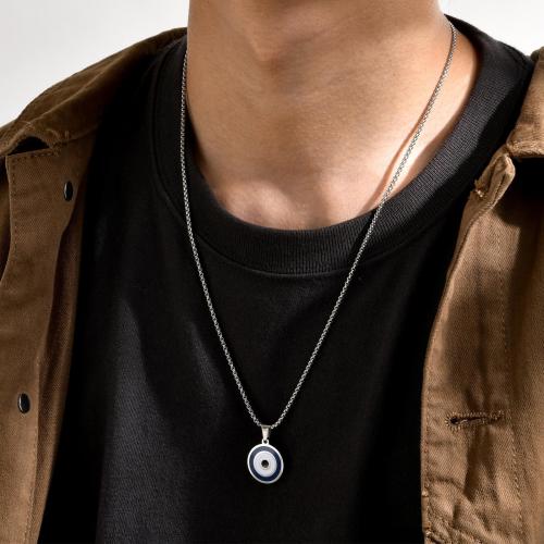 Titanium Steel Jewelry Necklace, Round, silver color plated, evil eye pattern & for man & enamel cm 