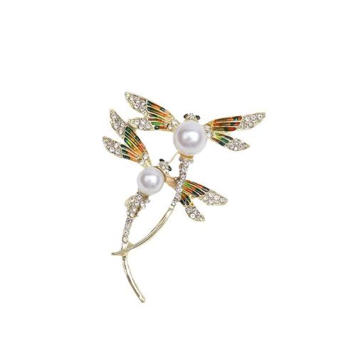 Plastic Pearl Brooch, Zinc Alloy, with Plastic Pearl, Dragonfly, plated, for woman & enamel & with rhinestone, golden [