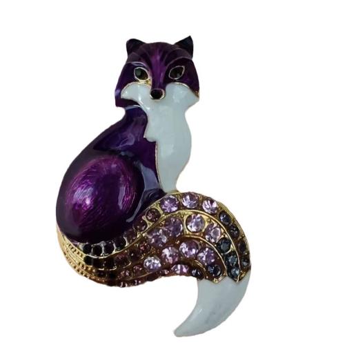 Enamel Brooch, Zinc Alloy, Fox, plated, for woman & with rhinestone, purple 