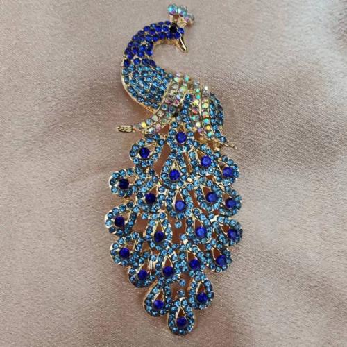 Rhinestone Zinc Alloy Brooch, Peacock, plated, for woman & with rhinestone, blue 