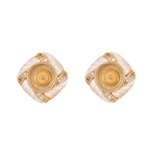 Brass Earring Stud Component, with White Shell, plated, micro pave cubic zirconia & for woman, golden 