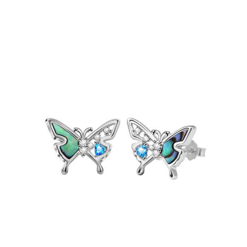 Silver Earring Zircon pavent Sterling, argent sterling 925, avec coquille d'ormeau, papillon, pavé de micro zircon & pour femme, argent Vendu par paire