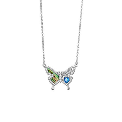 Cubic Zirconia Micro Pave Sterling Silver Necklace, 925 Sterling Silver, with Abalone Shell, with 5CM extender chain, Butterfly, micro pave cubic zirconia & for woman, silver color Approx 46 cm 