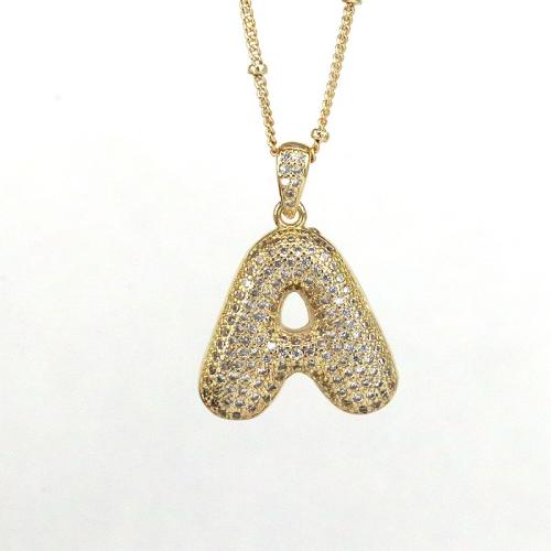 Collier en laiton cubique Zircon Micro Pave, avec alliage de zinc, Placage, lettres sont de A à Z & styles différents pour le choix & pavé de micro zircon & pour femme, doré Environ 45 cm, Vendu par PC