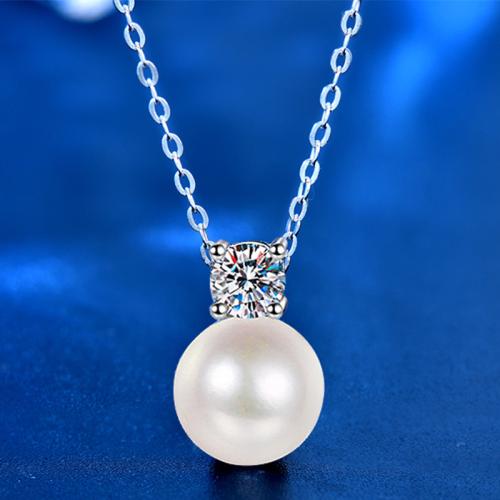 Argent sterling 925 collier, avec Moissanite & perle de plastique, avec 2inch chaînes de rallonge, Rond, Plaqué de platine, Chaîne transversale & normes différentes pour le choix & pour femme Environ 15.7 pouce, Vendu par PC