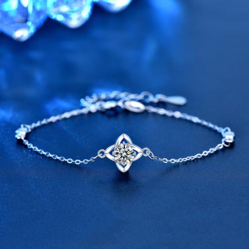 925er Sterling Silber Armband, mit Moissanite, mit Verlängerungskettchen von 1.4inch, vierblättriges Kleeblatt, platiniert, Modeschmuck & für Frau & hohl, Länge:ca. 6.3 ZollInch, verkauft von PC