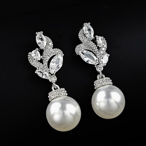 Rhinestone Brass Drop Earring, with Plastic Pearl, fashion jewelry & for woman & with rhinestone, 27mm 