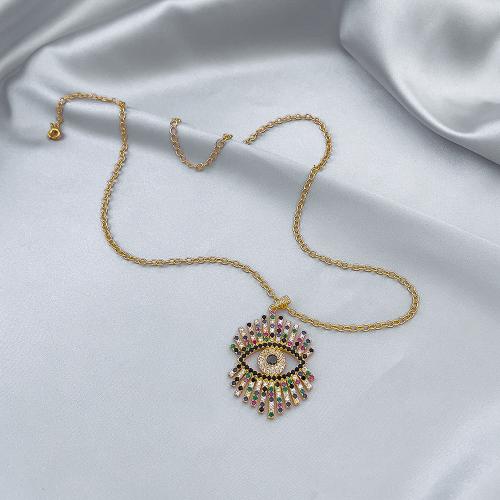 Rhinestone Brass Necklace, with 5CM extender chain, gold color plated, evil eye pattern & enamel & with rhinestone cm 