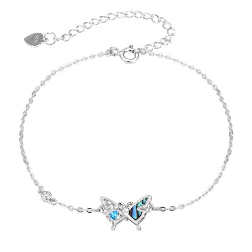 Befestigter Zirkonia Sterlingsilber Armband, 925 Sterling Silber, mit Seeohr Muschel, mit Verlängerungskettchen von 5CM, Schmetterling, Micro pave Zirkonia & für Frau, Silberfarbe, Länge:ca. 18 cm, verkauft von PC[