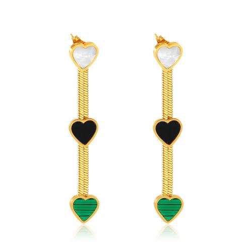 Boucles d'oreilles en acier titane, avec Huître perlière & Malachite & Acrylique, Placage, pour femme, doré Vendu par paire