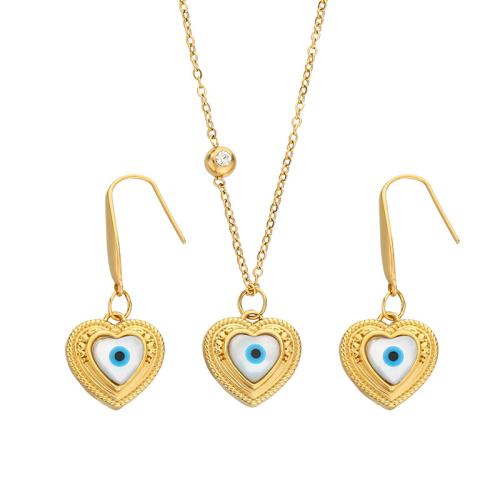 Evil Eye Jewelry Set, 304 Stainless Steel, earring & necklace, with Shell, Heart, Vacuum Ion Plating, for woman & enamel [