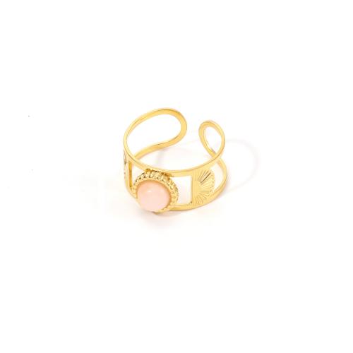 304 Stainless Steel Cuff Finger Ring, with Gemstone, Geometrical Pattern, gold color plated, for woman & hollow US Ring 