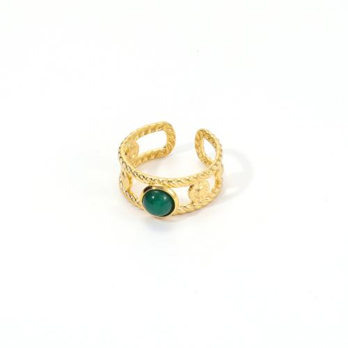 304 Stainless Steel Cuff Finger Ring, with Gemstone, gold color plated, for woman & hollow US Ring .5 