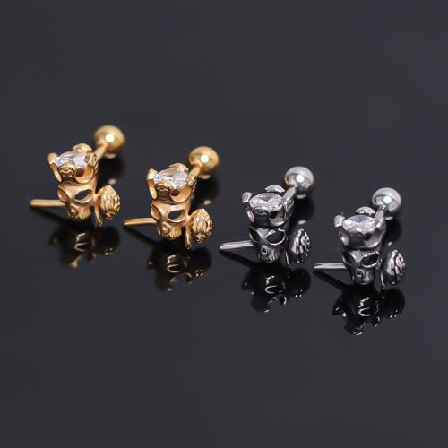 Stainless Steel Rhinestone Stud Earring, 304 Stainless Steel, Skull, plated, for man & with rhinestone 