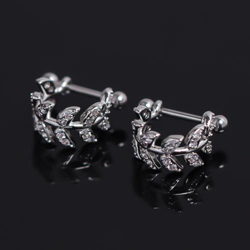 Rhinestone Brass Drop Earring, Leaf, silver color plated, for man & with rhinestone [