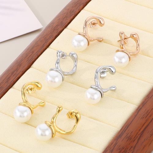 Stainless Steel Drop Earring, 304 Stainless Steel, with Plastic Pearl, Vacuum Ion Plating, for woman 