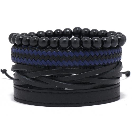 PU Leather Cord Bracelets, with Wax Cord & Wood, handmade, 4 pieces & fashion jewelry & for man, Inner diameter :5.5-7cm 