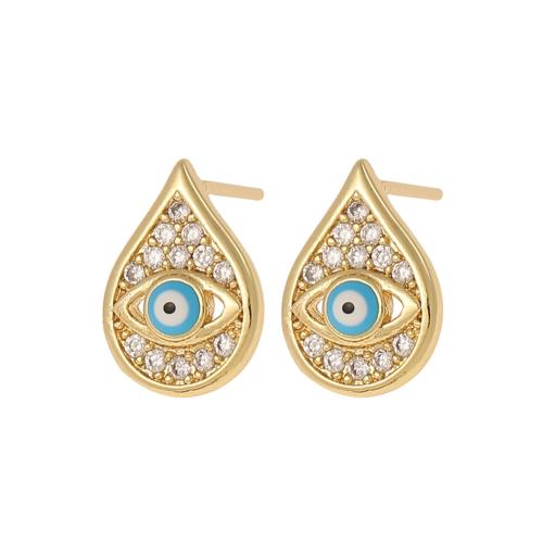 Pendientes de mal de ojo, metal, Gota, chapado en color dorado, diferentes estilos para la opción & micro arcilla de zirconia cúbica & para mujer, 12x8.5mm, Vendido por Par