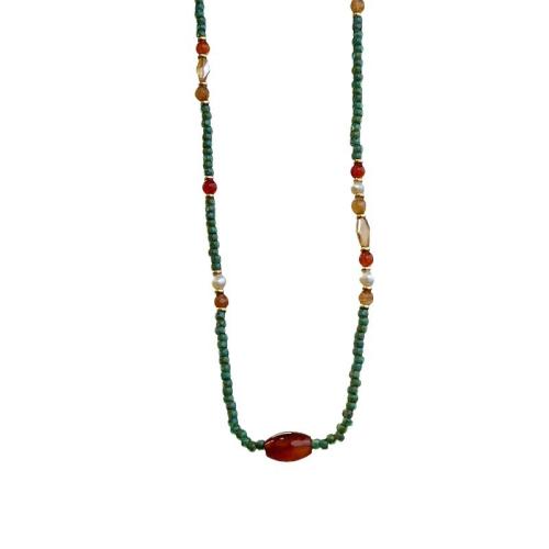 Gemstone Necklaces, Titanium Steel, with Natural Stone & Agate & Freshwater Pearl, handmade, for woman, green Approx 39.5 cm 