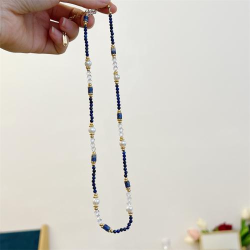 Gemstone Freshwater Pearl Necklace, Brass, with Lapis Lazuli & Freshwater Pearl & Clear Quartz, with 5CM extender chain, handmade, for woman, blue Approx 44 cm 