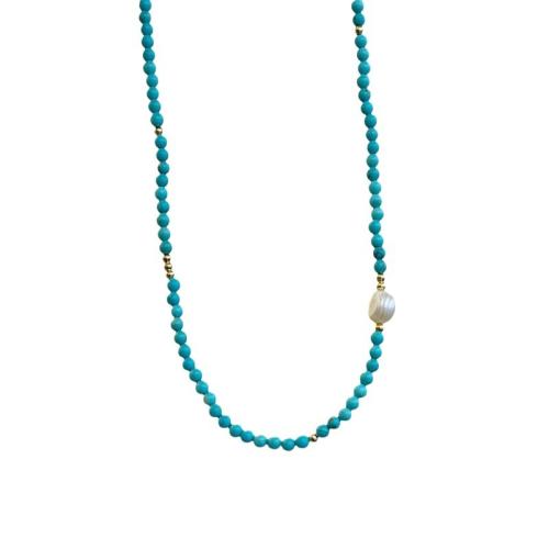 Turquoise Freshwater Pearl Necklace, Brass, with turquoise & Freshwater Pearl, with 7CM extender chain, handmade, for woman, green Approx 39 cm [