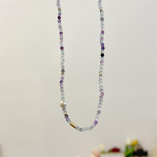 Collier de perles d'eau douce , Acier titane, avec Pierre naturelle & perle d'eau douce cultivée & laiton, fait à la main, pour femme, violet Environ 41-50 cm, Vendu par PC