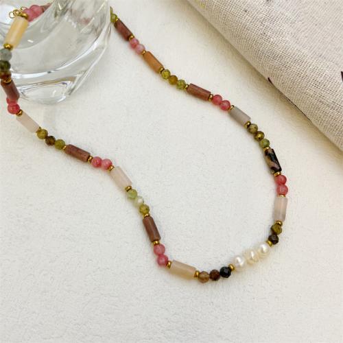 Collier de perles d'eau douce , Acier titane, avec Pierre naturelle & perle d'eau douce cultivée, avec 6CM chaînes de rallonge, fait à la main, pour femme, multicolore Environ 41 cm, Vendu par PC[