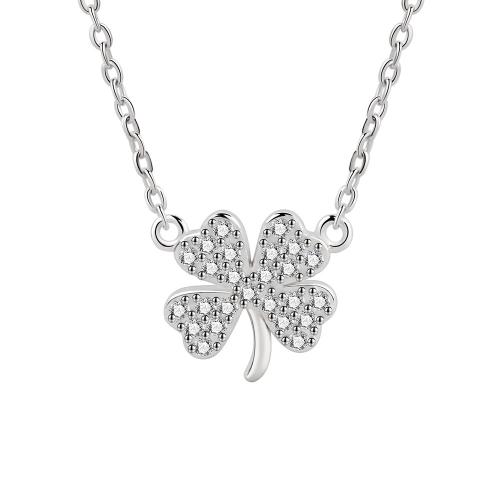 Cubic Zirconia Micro Pave Sterling Silver Necklace, 925 Sterling Silver, with 5CM extender chain, Four Leaf Clover, micro pave cubic zirconia & for woman, platinum color Approx 39 cm 