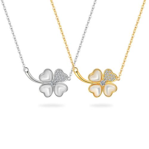 Cubic Zirconia Micro Pave Sterling Silver Necklace, 925 Sterling Silver, with Shell, with 6CM extender chain, Four Leaf Clover, micro pave cubic zirconia & for woman Approx 40 cm 