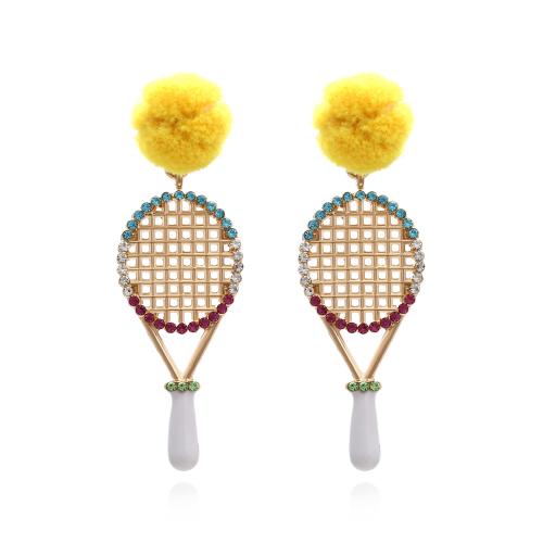 Fluffy Pom Pom Earrings, Zinc Alloy, with Plush, plated, for woman & with rhinestone, golden 