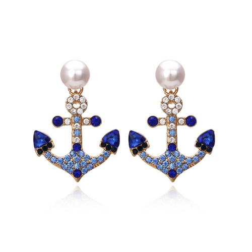 Zinc Alloy Rhinestone Stud Earring, with Plastic Pearl, plated, for woman & with rhinestone, golden [