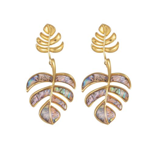 Acier titane Boucle d'oreille goutte, avec coquille, feuille, Placage de couleur d'or, bijoux de mode & pour femme Vendu par paire