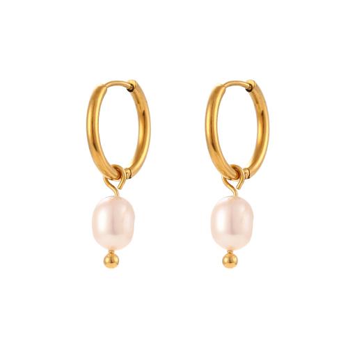 Huggie Hoop Drop Earring, 304 Stainless Steel, with Freshwater Pearl, 18K gold plated, fashion jewelry & for woman, golden 