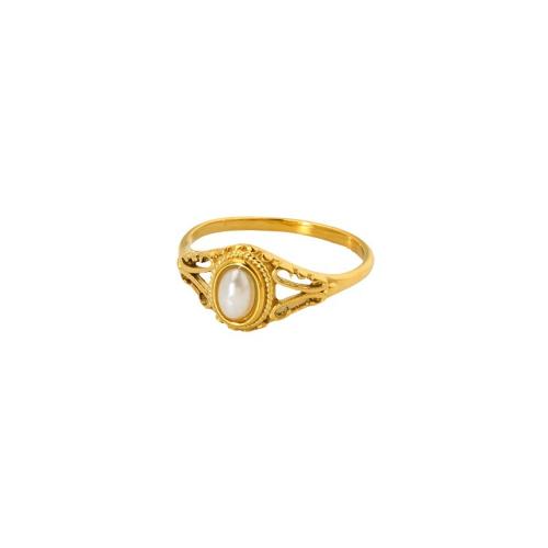 Edelstahl Fingerring, 304 Edelstahl, mit Kunststoff Perlen, Vakuum-Ionen-Beschichtung, Modeschmuck & verschiedene Größen vorhanden & für Frau, goldfarben, 9.5mm, verkauft von PC[