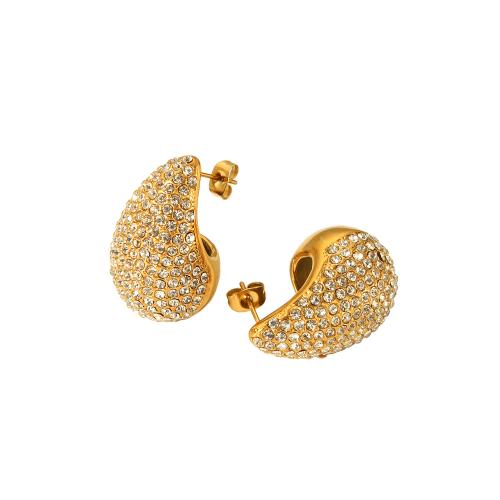 Stainless Steel Rhinestone Stud Earring, 304 Stainless Steel, Teardrop, Vacuum Ion Plating, fashion jewelry & for woman & with rhinestone, golden 