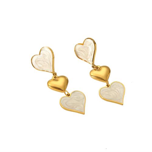 Stainless Steel Drop Earring, 304 Stainless Steel, Heart, Vacuum Ion Plating, fashion jewelry & for woman & enamel, golden 